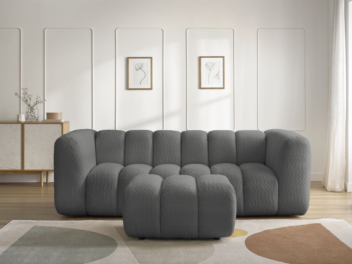 Bobochic Talia Sofa 3-Sitzer mit Pouf Bouclé-Stoff Dunkelgrau