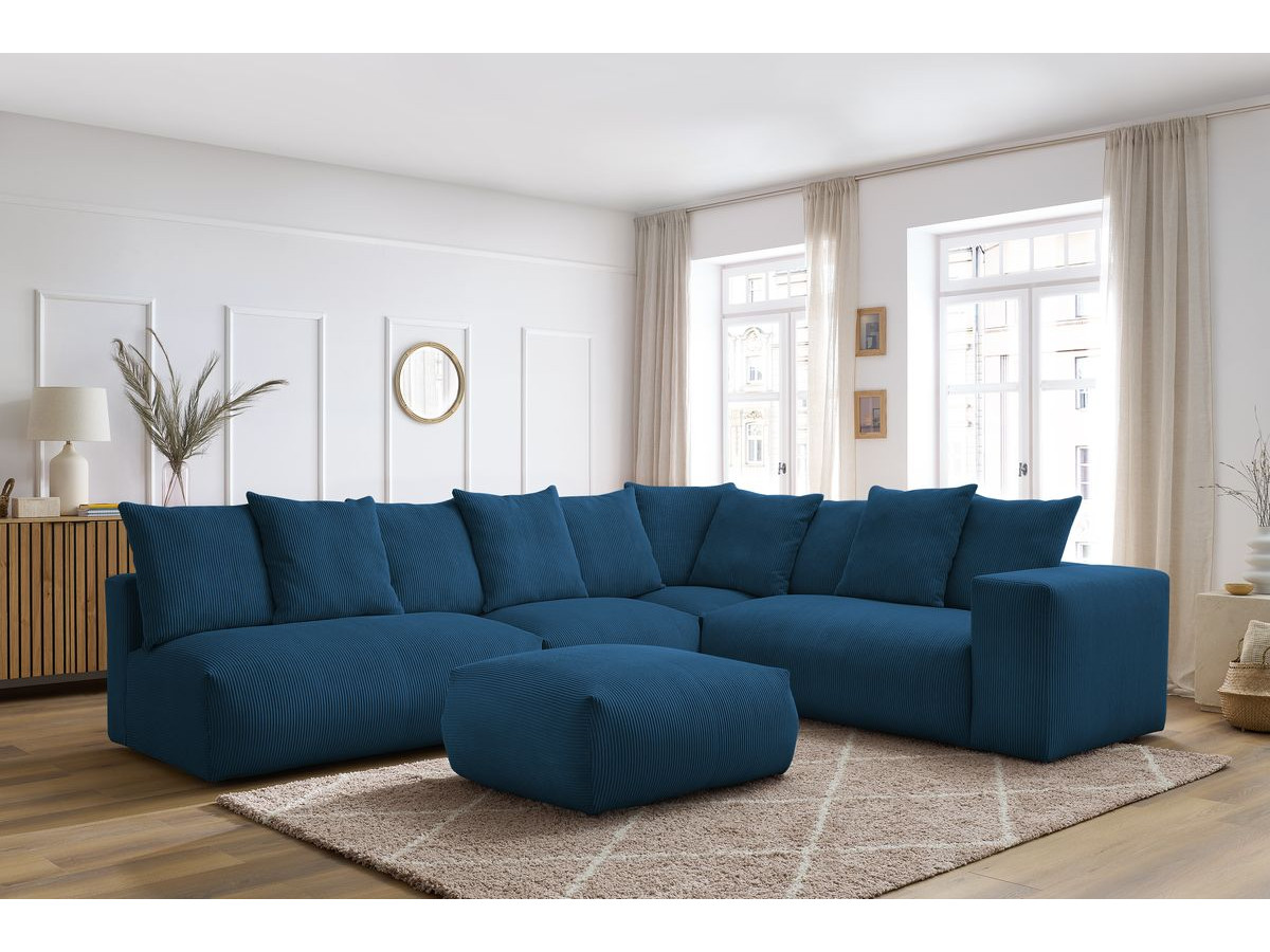 Bobochic Voltaire Ecksofa mit Pouf 322 × 268 cm Cordsamt Dunkelblau Ecke rechts