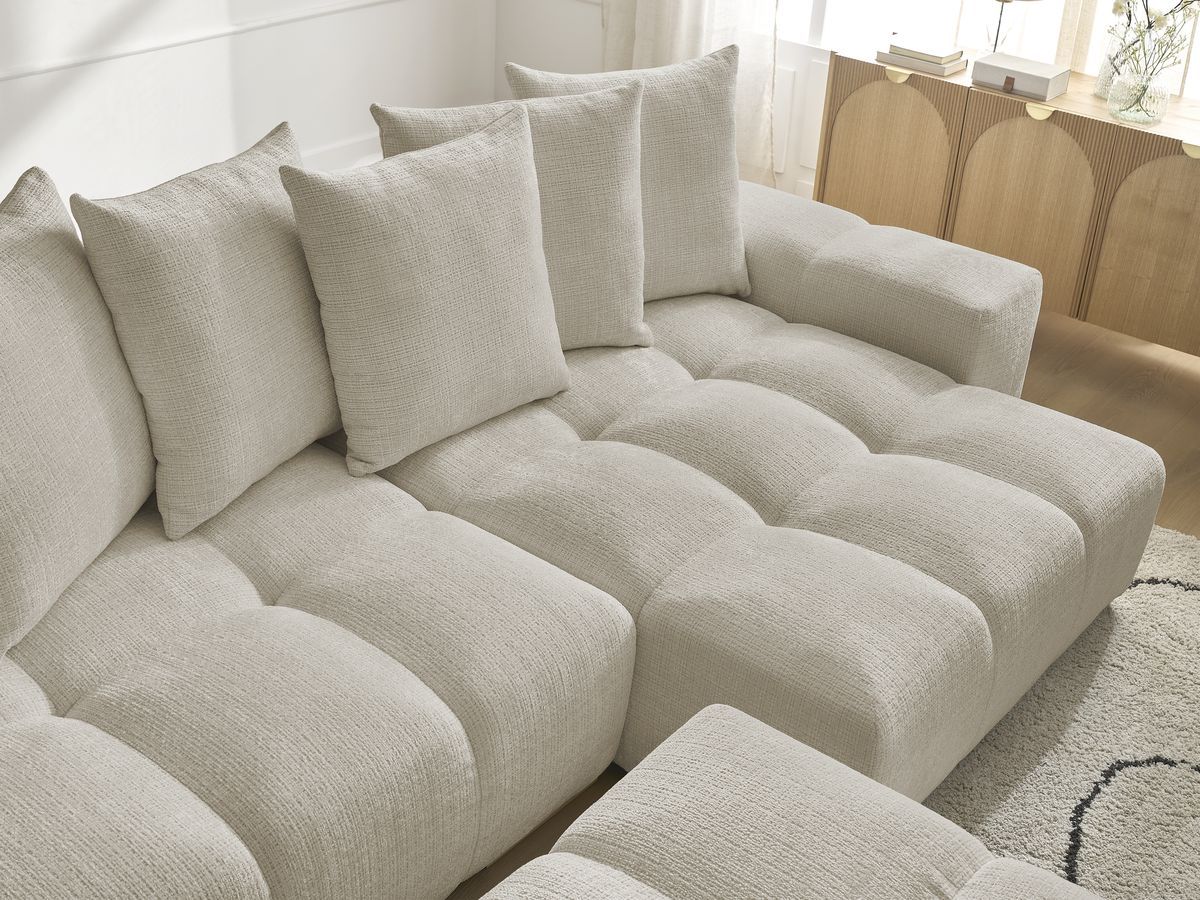 Bobochic Anakin Ecksofa mit Pouf, 6 Kissen Strukturstoff Beige