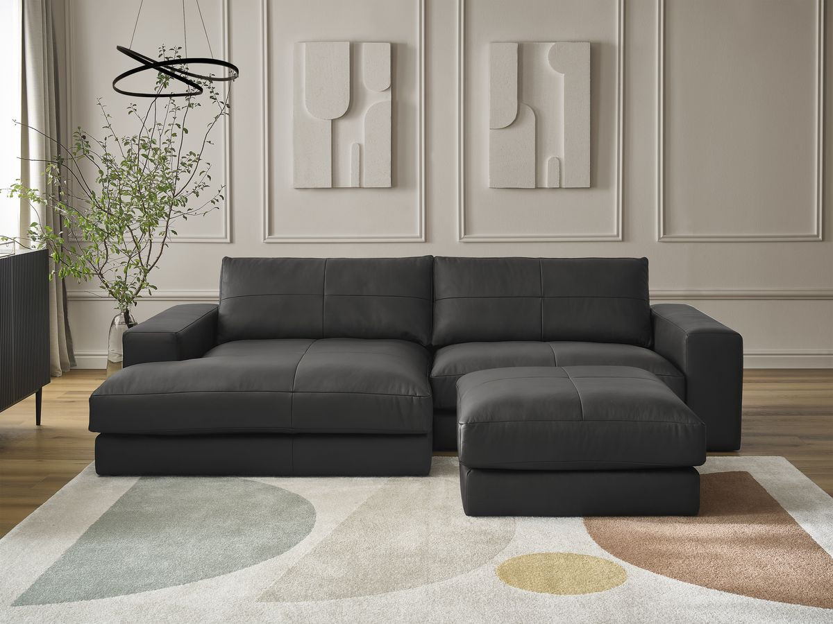 Bobochic Leonard Ecksofa mit Pouf 274 × 159 cm Leder Schwarz Ecke links