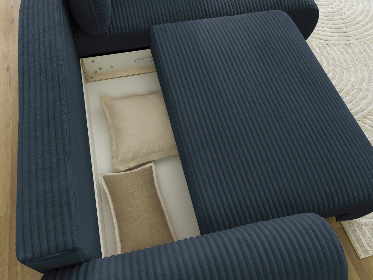 Bobochic Lucien Ecksofa mit Schlaffunktion und Bettkasten 296 × 198 cm Breitcord weich Dunkelblau Ecke rechts