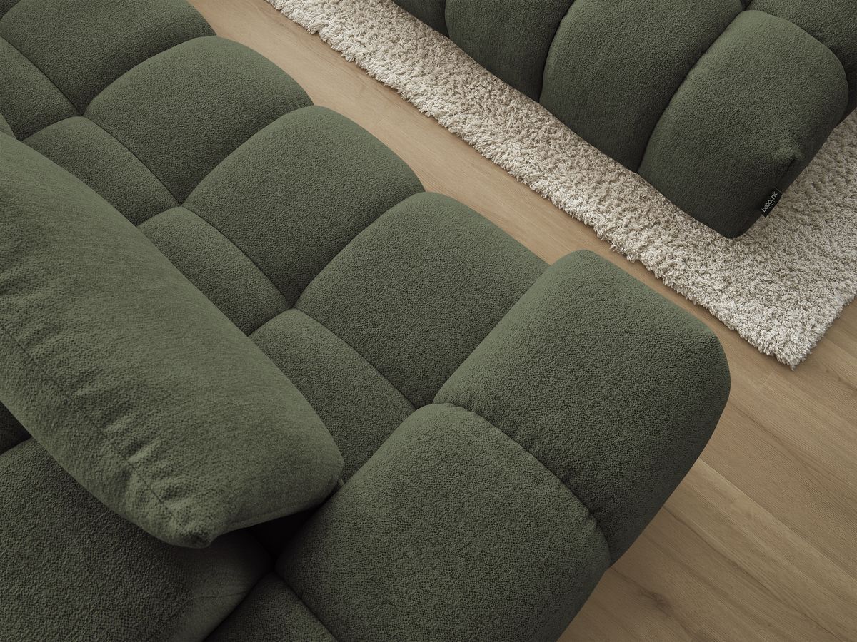Bobochic Everest Ecksofa mit Schlaffunktion und Pouf, 4 Kissen Melange-Stoff Grün Ecke rechts