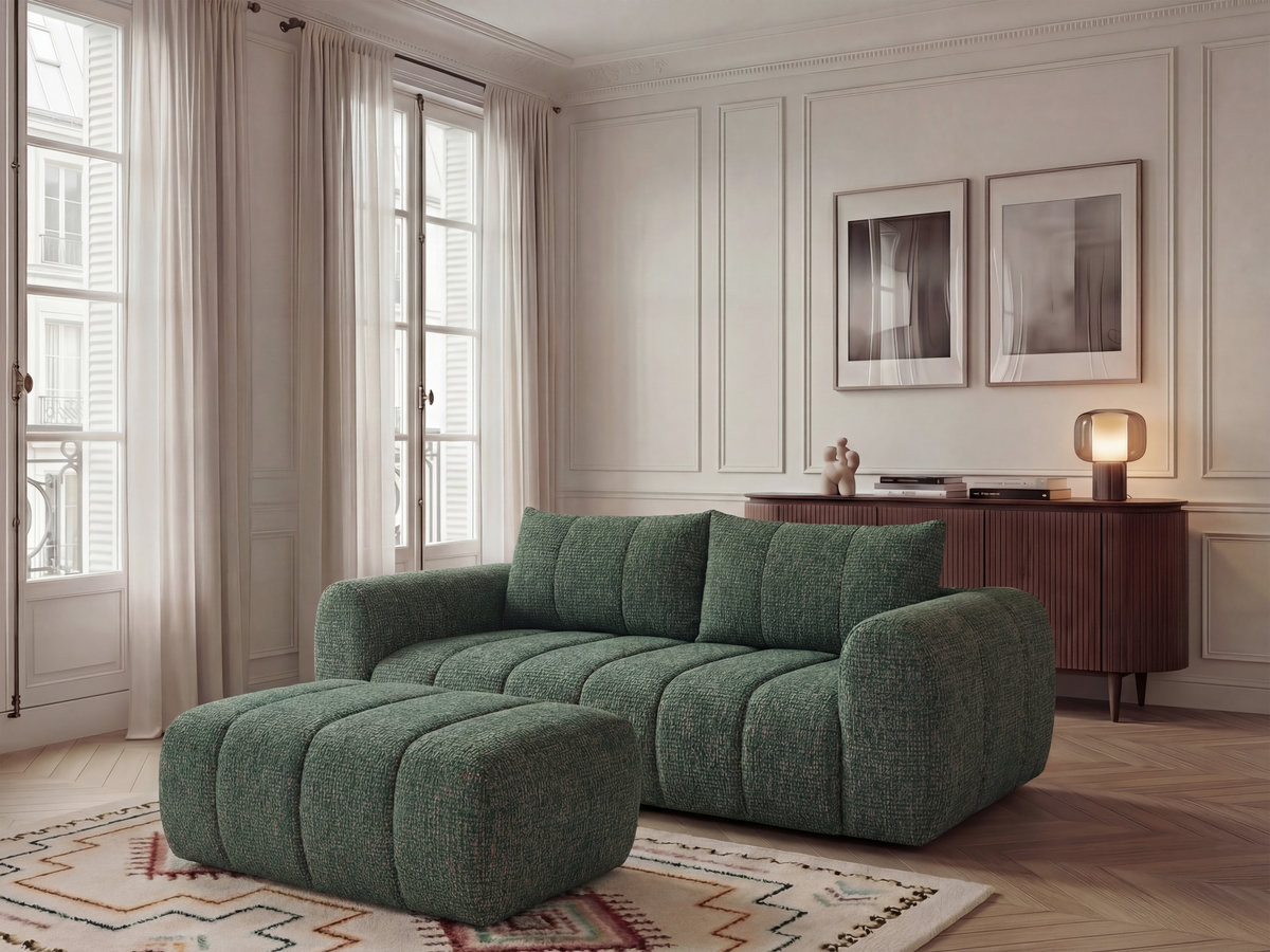 Bobochic Nesty Sofa 3-Sitzer mit Pouf Melange-Stoff Dunkelgrün