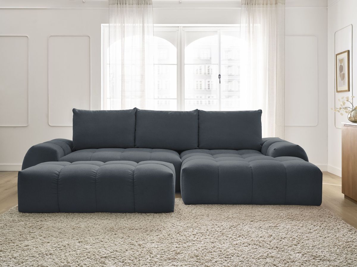 Bobochic Everest Ecksofa mit Schlaffunktion und Bettkasten und Pouf 318 × 180 cm, 3 Kissen Strukturstoff Blau Ecke rechts