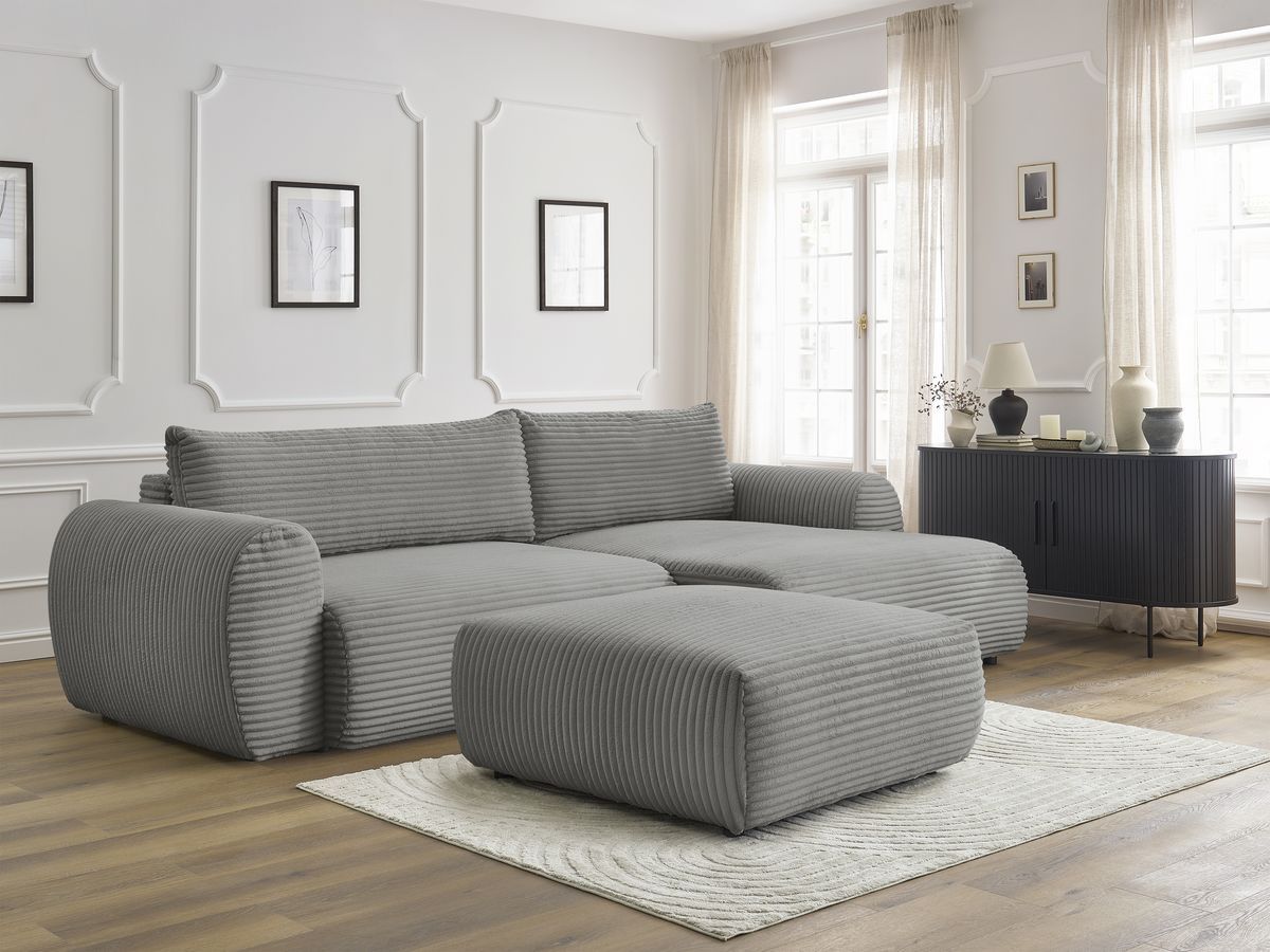 Bobochic Lucien Ecksofa mit Schlaffunktion und Bettkasten und Pouf 314 × 167 cm Breitcord weich Dunkelgrau Ecke rechts