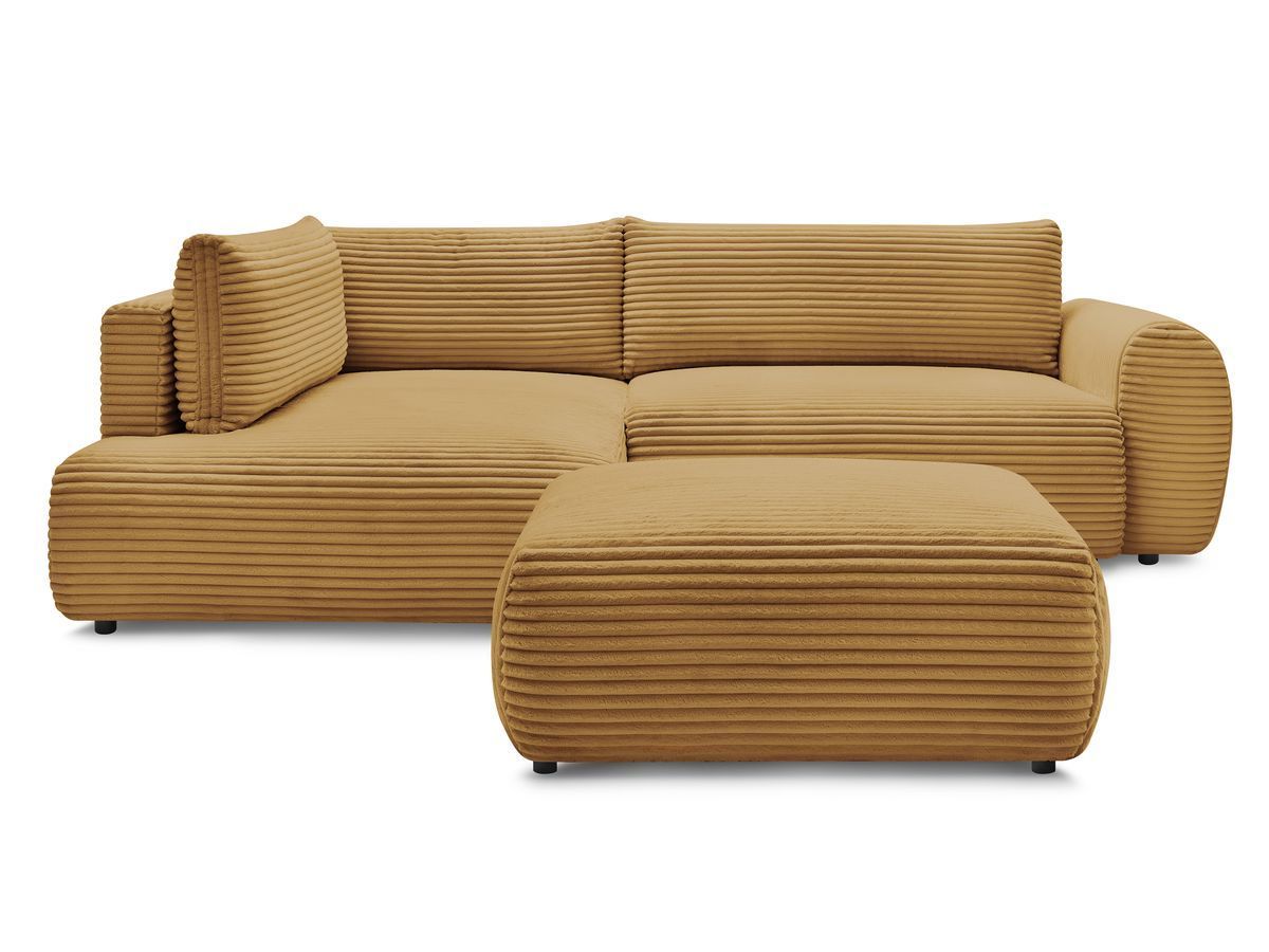 Bobochic Lucien Ecksofa mit Schlaffunktion und Bettkasten und Pouf 296 × 198 cm Breitcord weich Gelb Ecke links