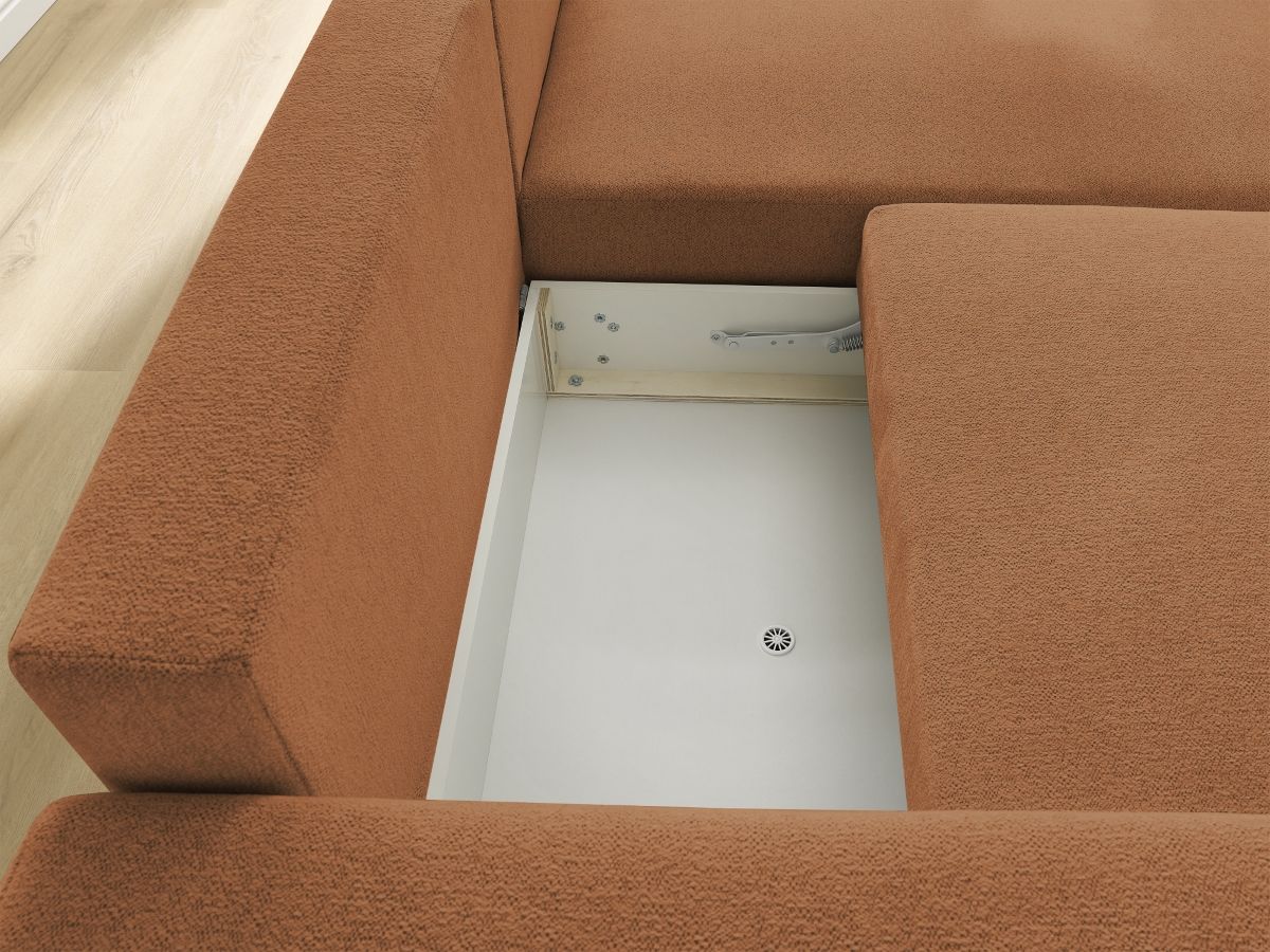 Bobochic Atilla Ecksofa mit Schlaffunktion und Bettkasten Melange-Stoff Orange Ecke rechts