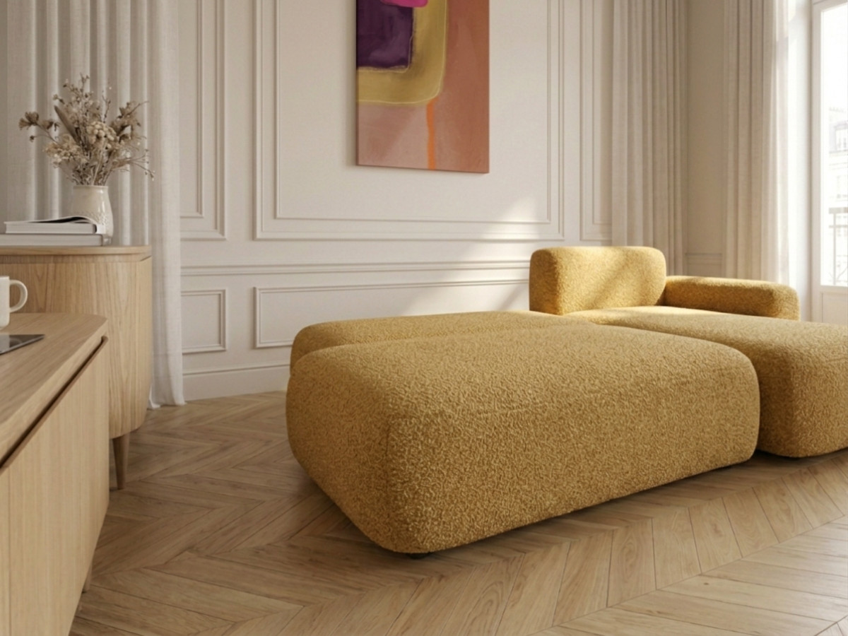 Bobochic Tango Ecksofa mit Schlaffunktion und Bettkasten Bouclé-Stoff Gelb Ecke rechts