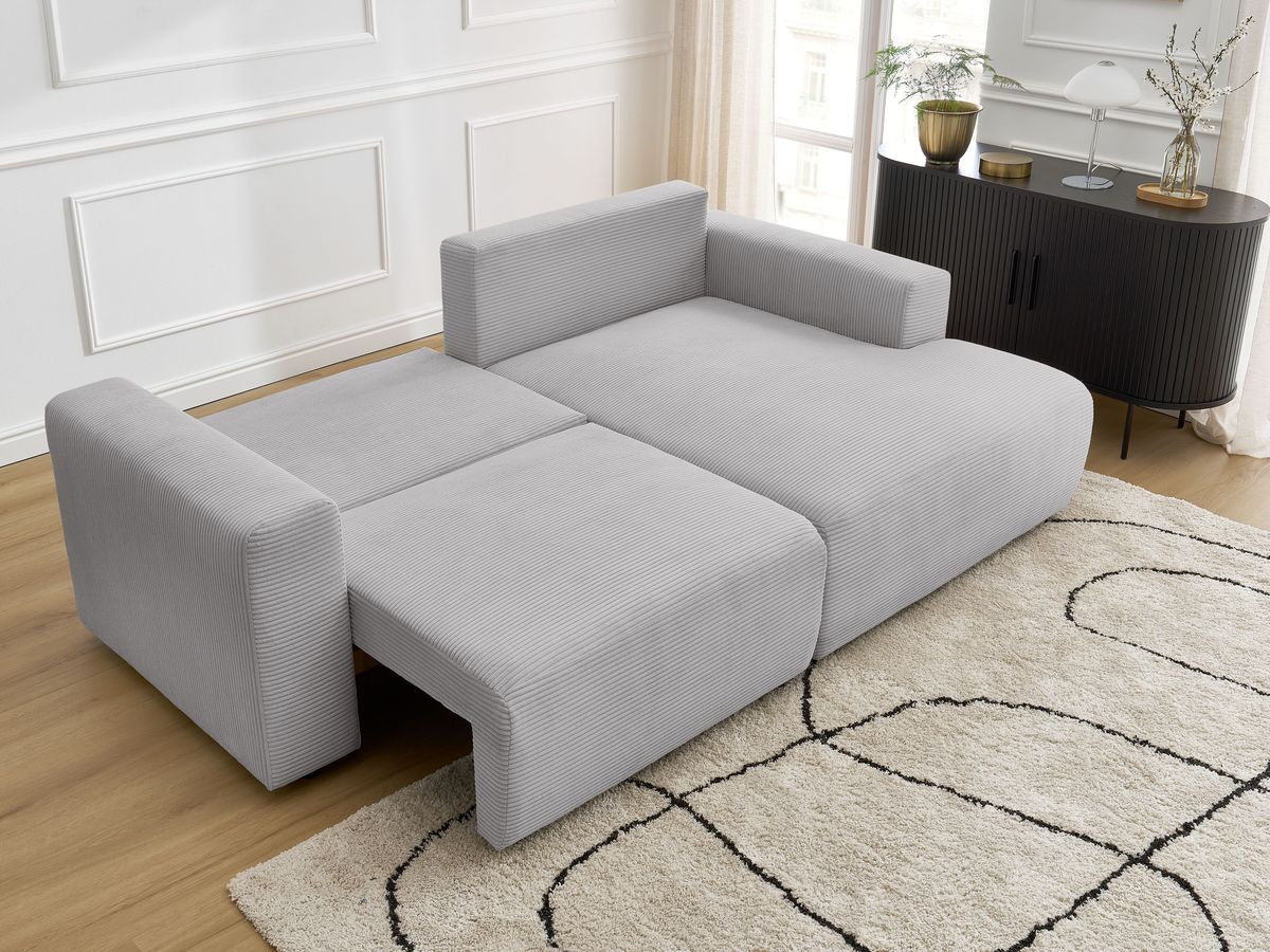 Bobochic Atilla Ecksofa mit Schlaffunktion und Bettkasten Cordsamt Hellgrau Ecke rechts