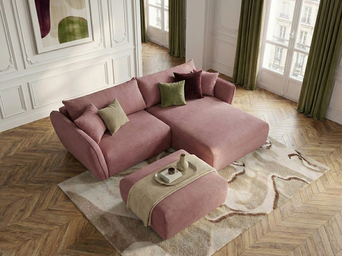 Bobochic Luigi Ecksofa mit Pouf Strukturstoff Rosa Ecke rechts