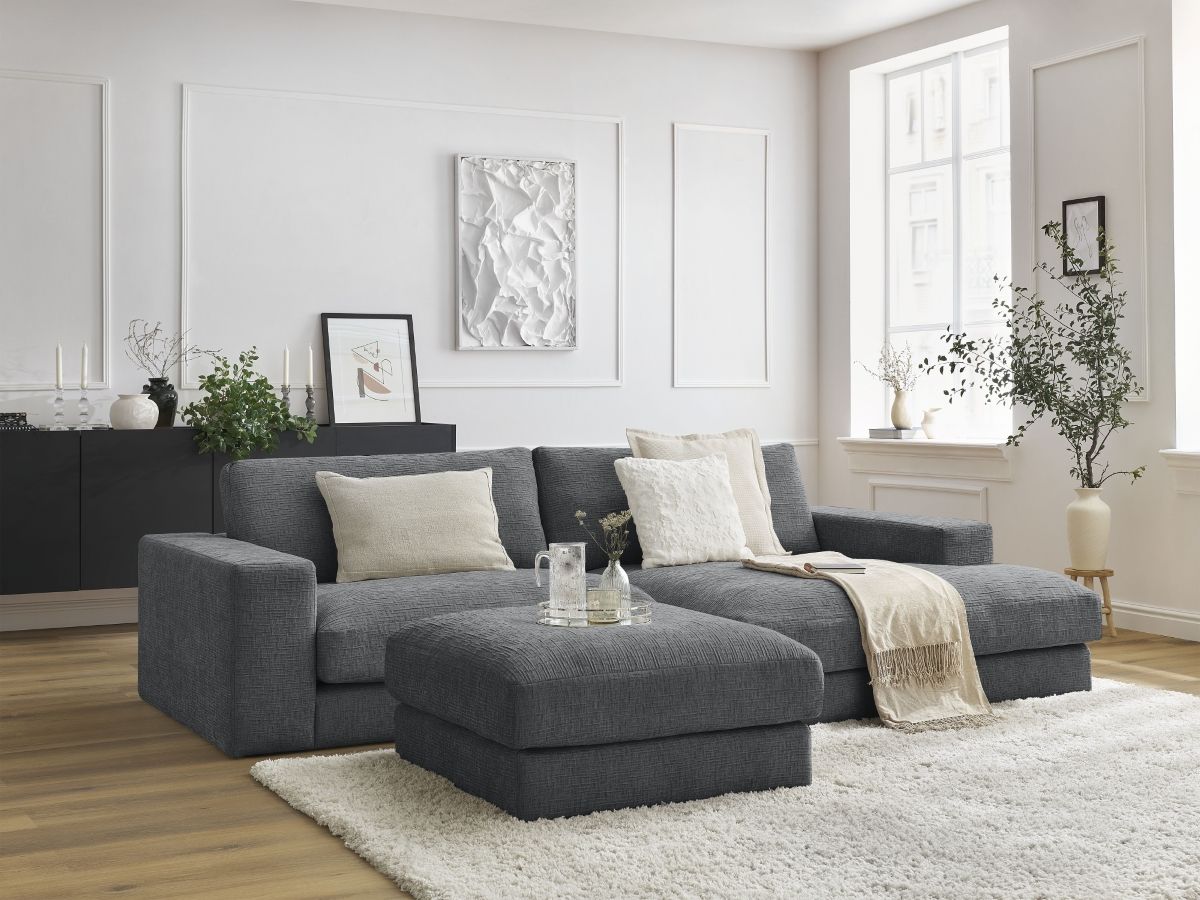 Bobochic Leonard Ecksofa mit Pouf 274 × 159 cm Strukturstoff Dunkelgrau Ecke rechts