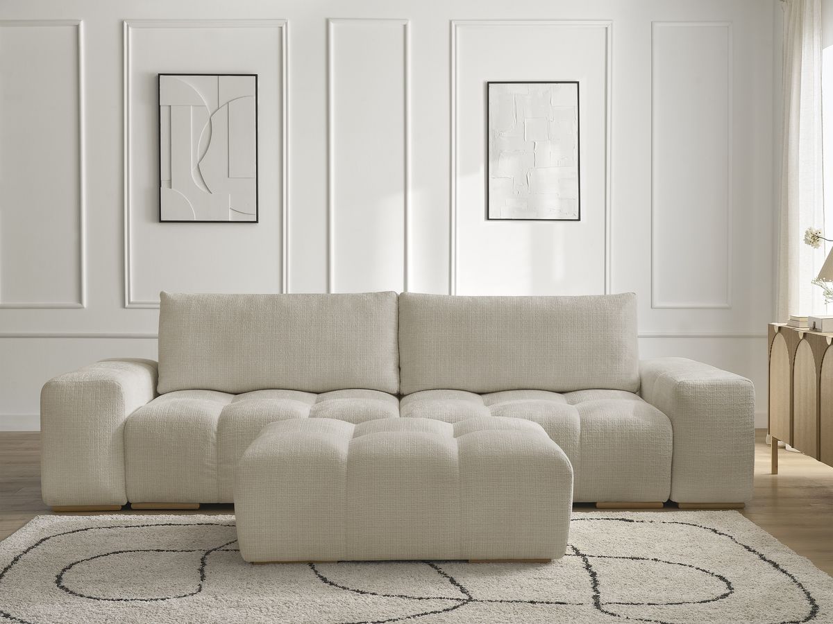 Bobochic Anakin Sofa 3-Sitzer mit Pouf, 2 Kissen Strukturstoff Beige