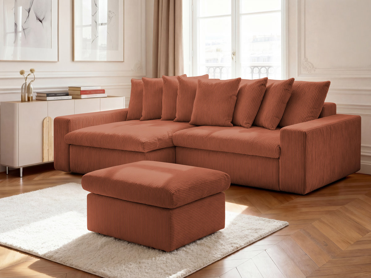 Bobochic Enore Ecksofa mit Pouf Cordsamt Orange Ecke links