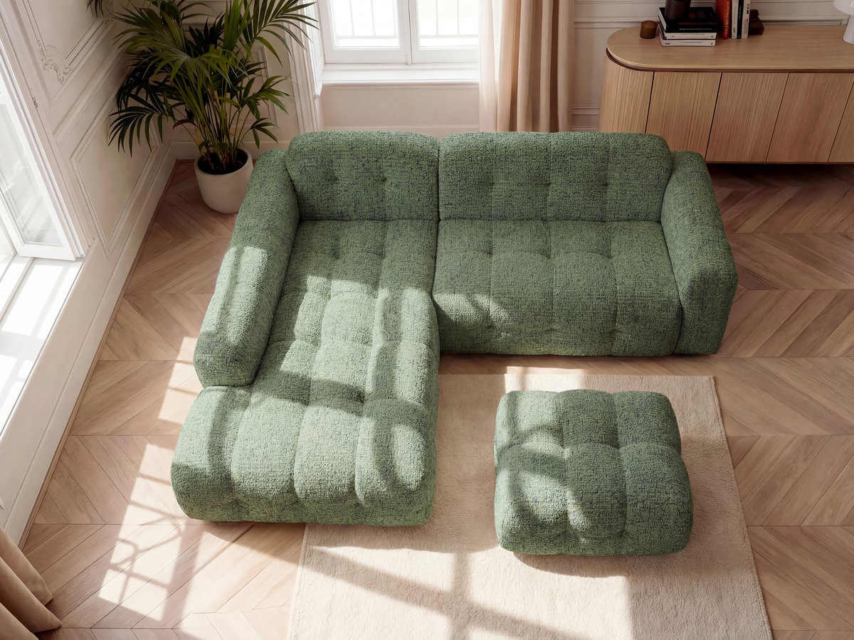 Bobochic Laura Ecksofa mit kleinem Pouf Melange-Stoff Hellgrün Ecke links