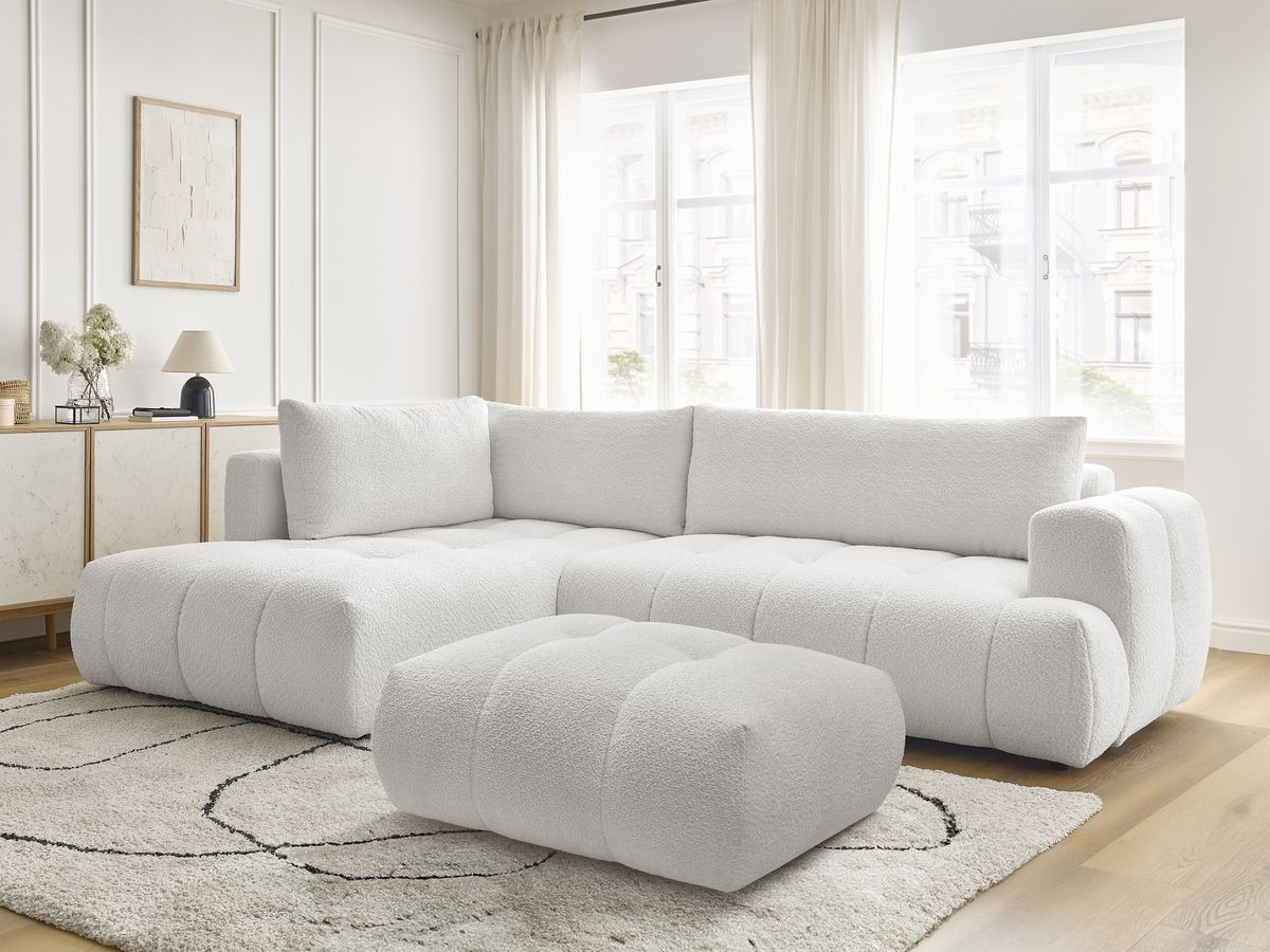 Bobochic Fuji Ecksofa mit Schlaffunktion und Bettkasten und Pouf 282 × 204 cm Bouclé-Stoff Weiß Ecke links