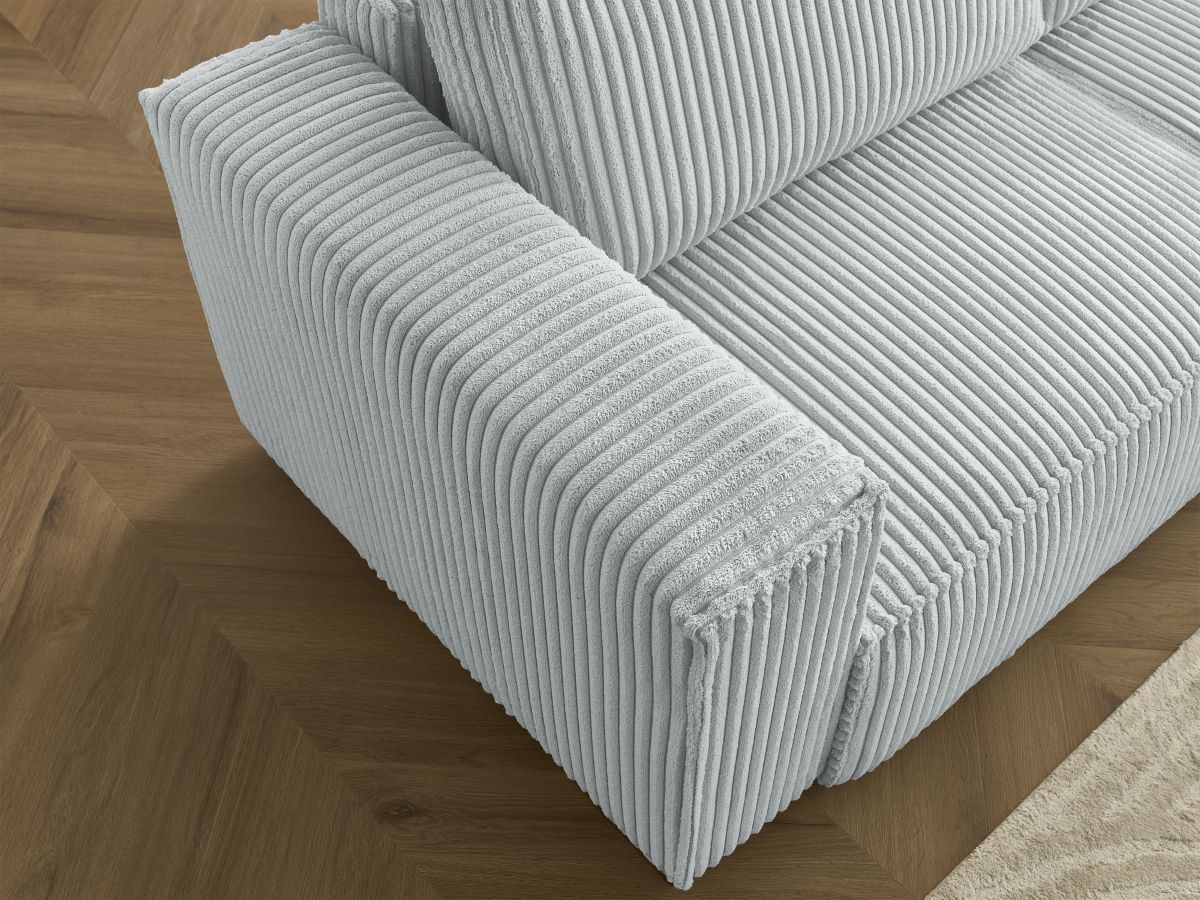Bobochic Chelsea Ecksofa mit Schlaffunktion und Bettkasten und Pouf Breitcord weich Hellgrau