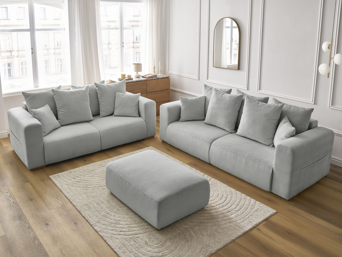 Bobochic Sidonie Sofa 6-Sitzer mit Pouf Cordsamt Hellgrau