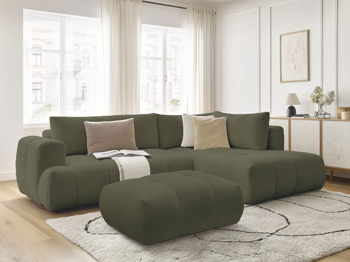 Bobochic Fuji Ecksofa mit Schlaffunktion und Bettkasten und Pouf 282 × 204 cm Bouclé-Stoff Grün Ecke rechts