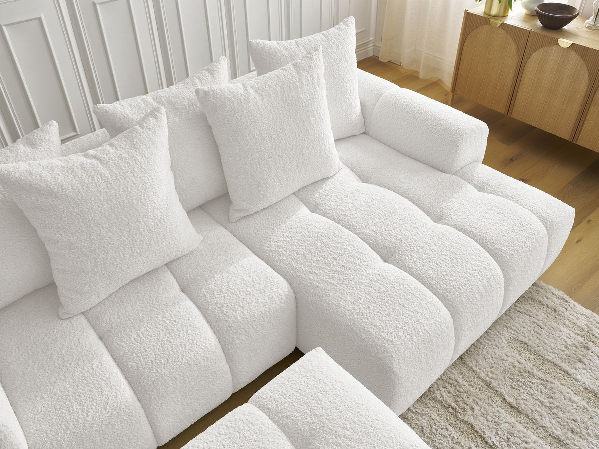 Bobochic Roxelane Ecksofa mit Schlaffunktion und Bettkasten und Pouf 258 × 150 cm Bouclé-Stoff Weiß Ecke rechts