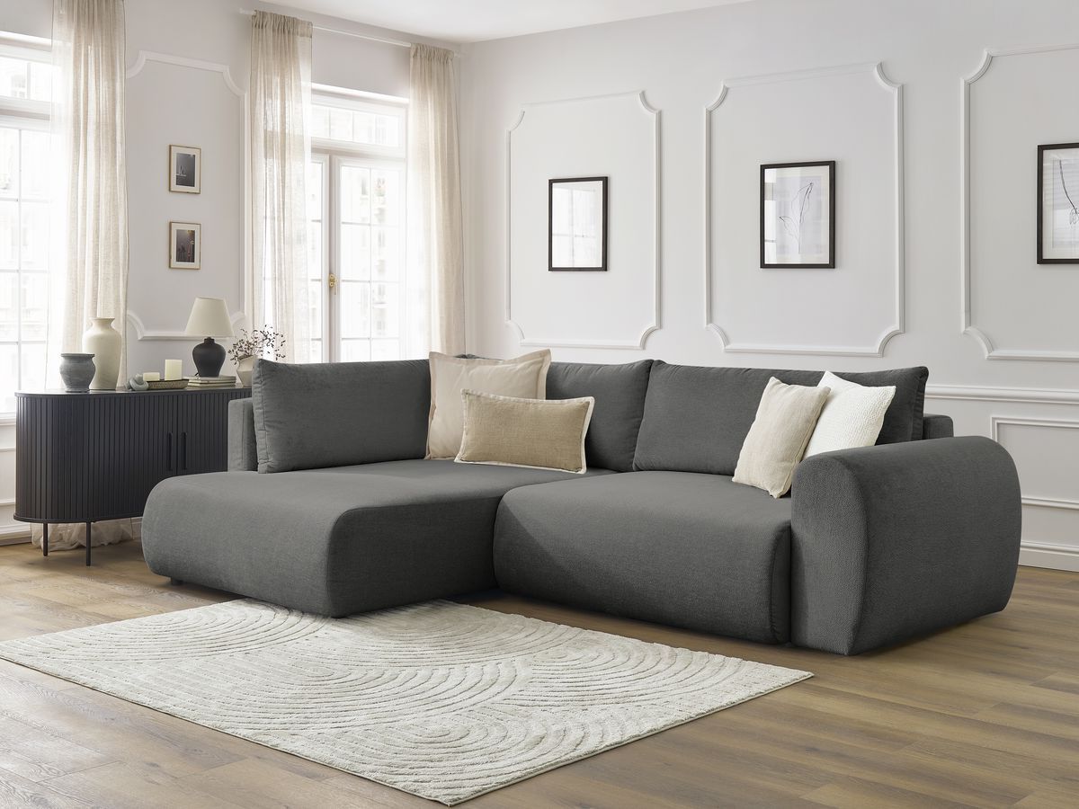 Bobochic Lucien Ecksofa mit Schlaffunktion und Bettkasten 296 × 198 cm Stoff Dunkelgrau Ecke links