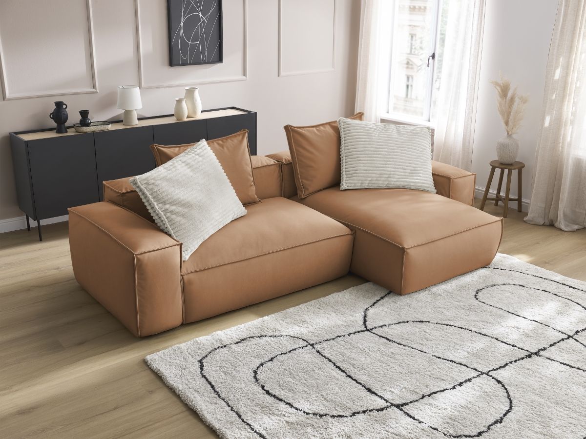 Bobochic Boheme Ecksofa, 3 Kissen Kunstleder Hellbraun
