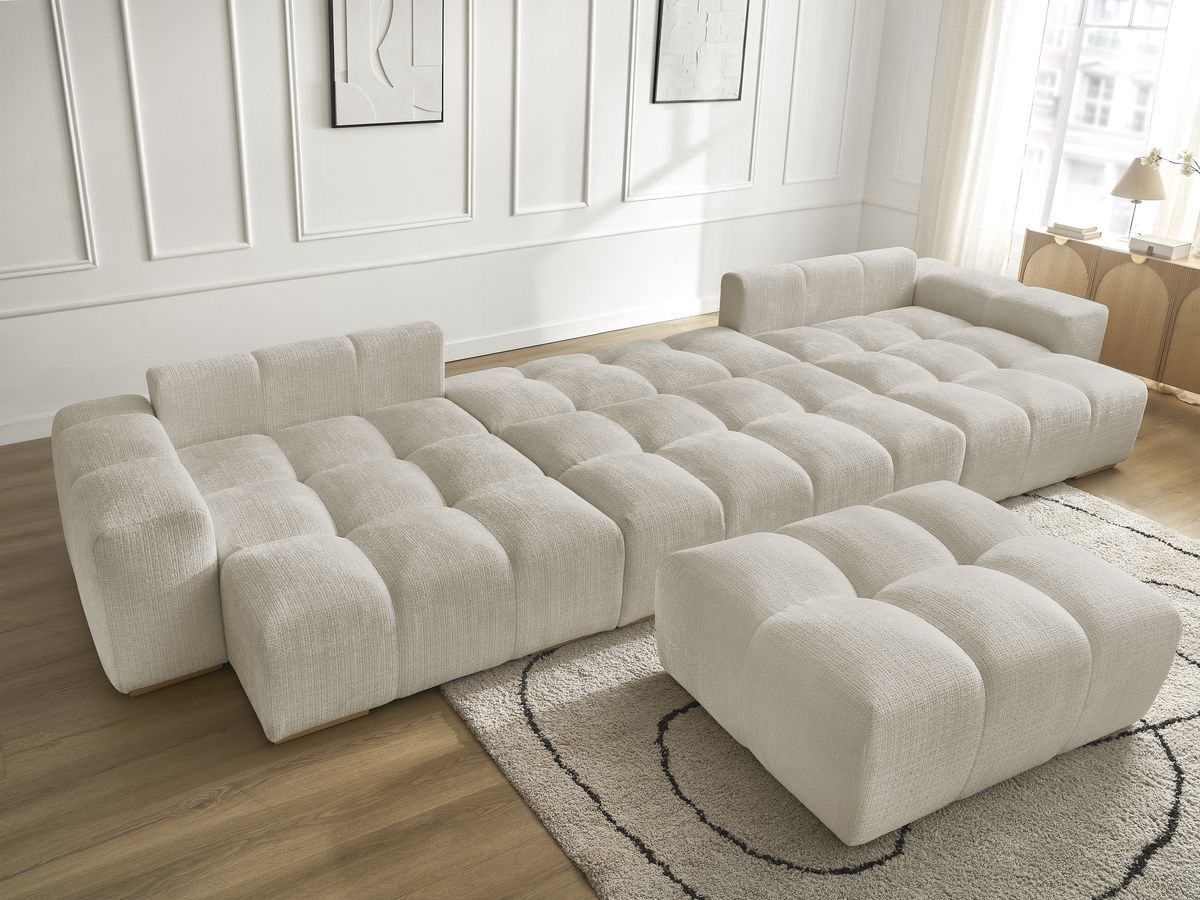 Bobochic Anakin Wohnlandschaft mit Pouf, Liegefläche 137 × 382 cm, 10 Kissen Strukturstoff Beige