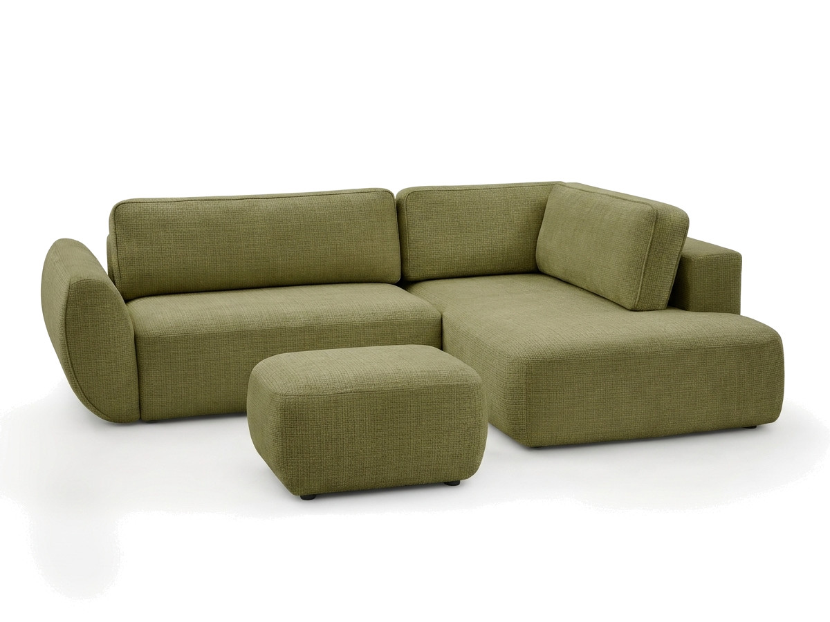 Bobochic Denise Ecksofa mit Schlaffunktion und Bettkasten und Pouf 256 × 197 cm Strukturstoff Grün Ecke rechts