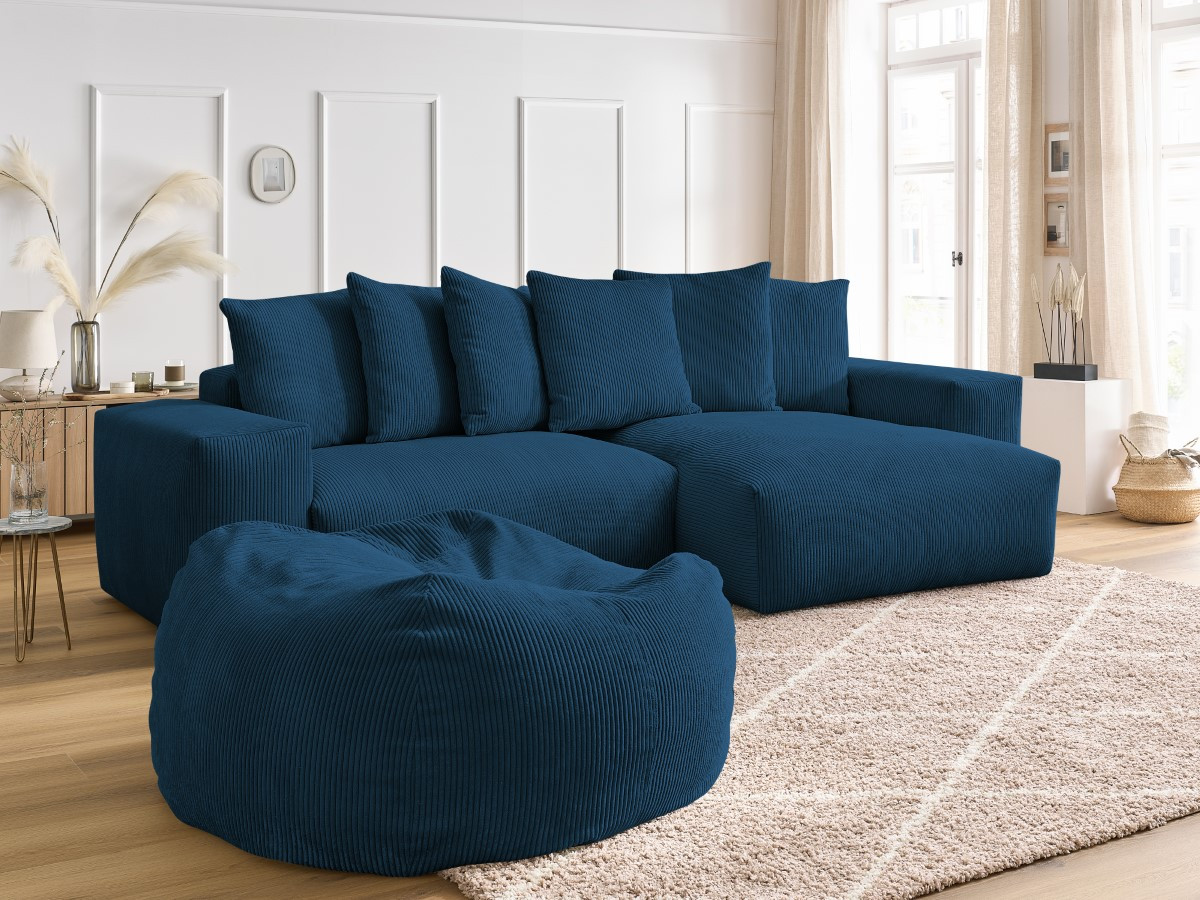 Bobochic Voltaire Ecksofa mit Pouf 310 × 174 cm Cordsamt Dunkelblau