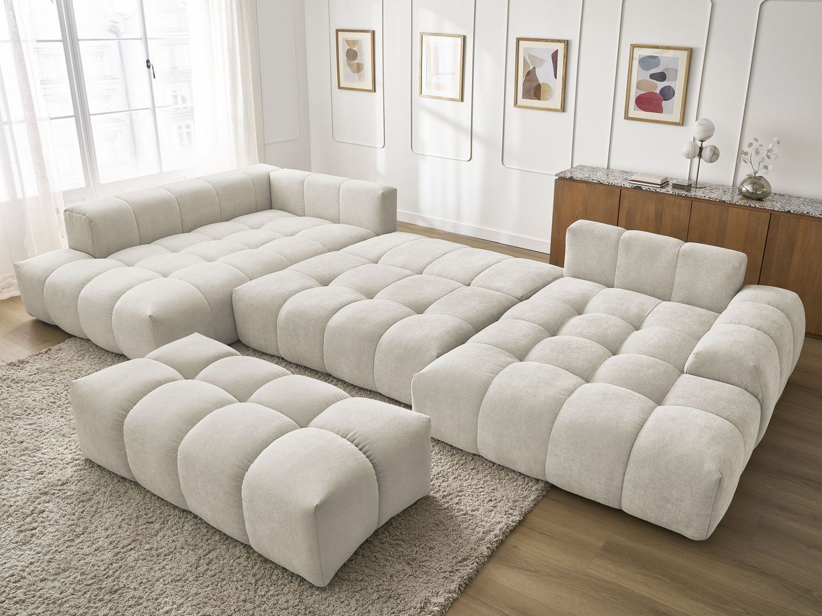 Bobochic Everest Wohnlandschaft mit Pouf, 14 Kissen Strukturstoff Beige Ecke rechts