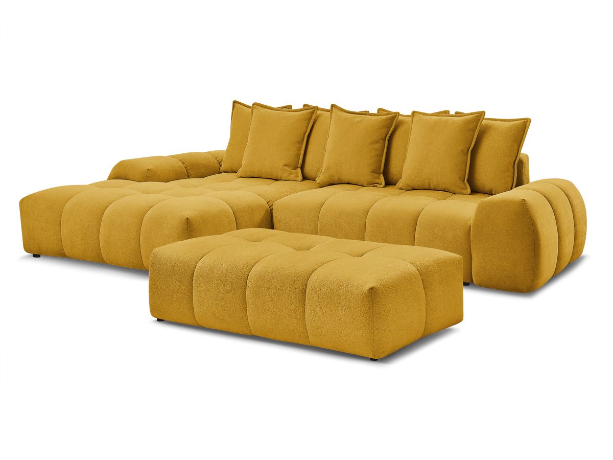 Bobochic Everest Ecksofa mit Schlaffunktion und Bettkasten und Pouf 318 × 180 cm, 7 Kissen Strukturstoff Gelb Ecke links