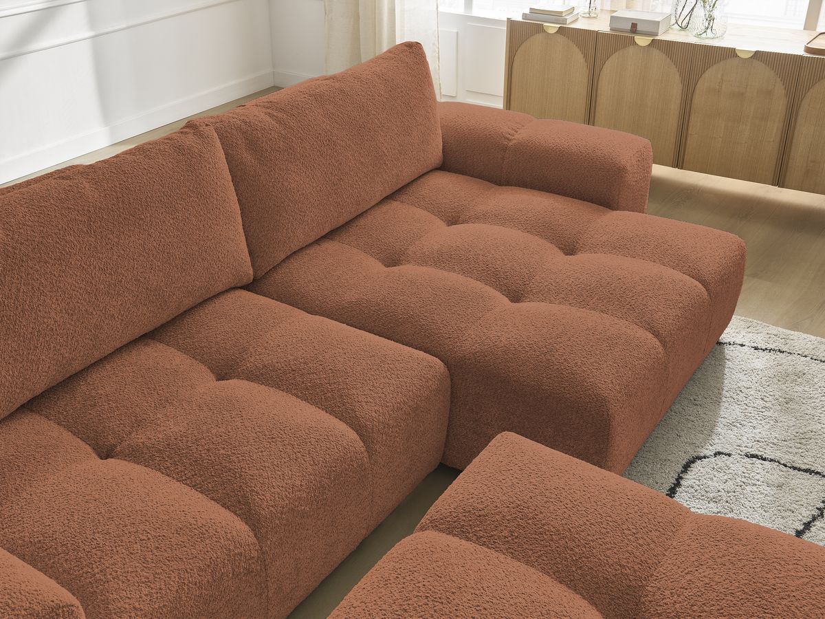 Bobochic Anakin Ecksofa mit Pouf, 2 Kissen Bouclé-Stoff Orange