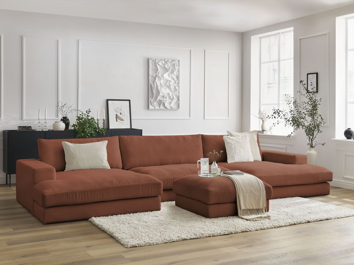 Bobochic Leonard Wohnlandschaft mit Pouf 349 × 159 cm Cordsamt Orange