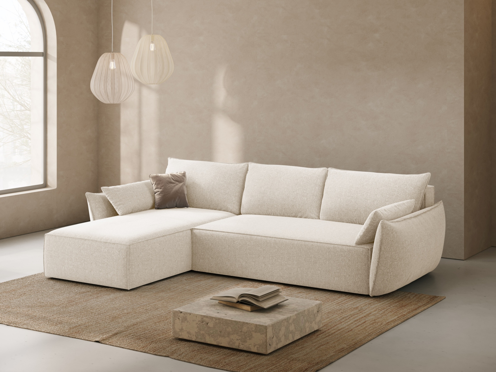 Micadoni Ecksofa Kaelle 4-Sitzer mit Schlaffunktion Links Chenille Helles Beige