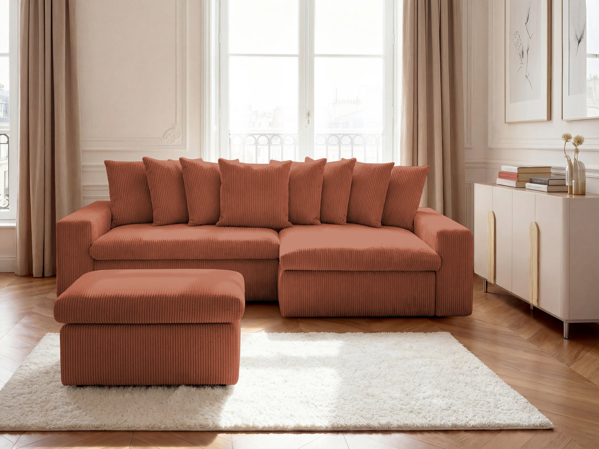 Bobochic Enore Ecksofa mit Pouf Cordsamt Orange Ecke rechts