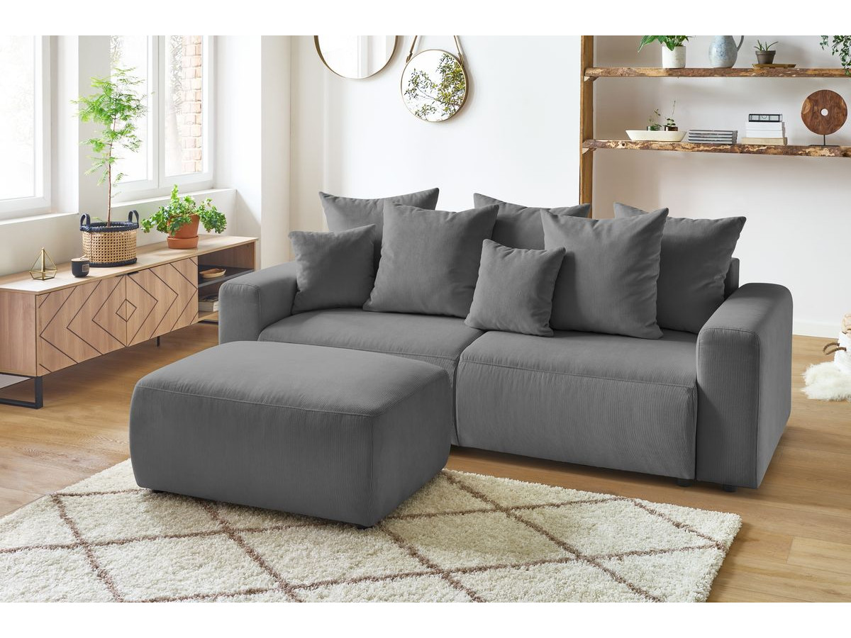 Bobochic Envy Schlafsofa 3-Sitzer mit Bettkasten und Pouf Cordsamt Dunkelgrau