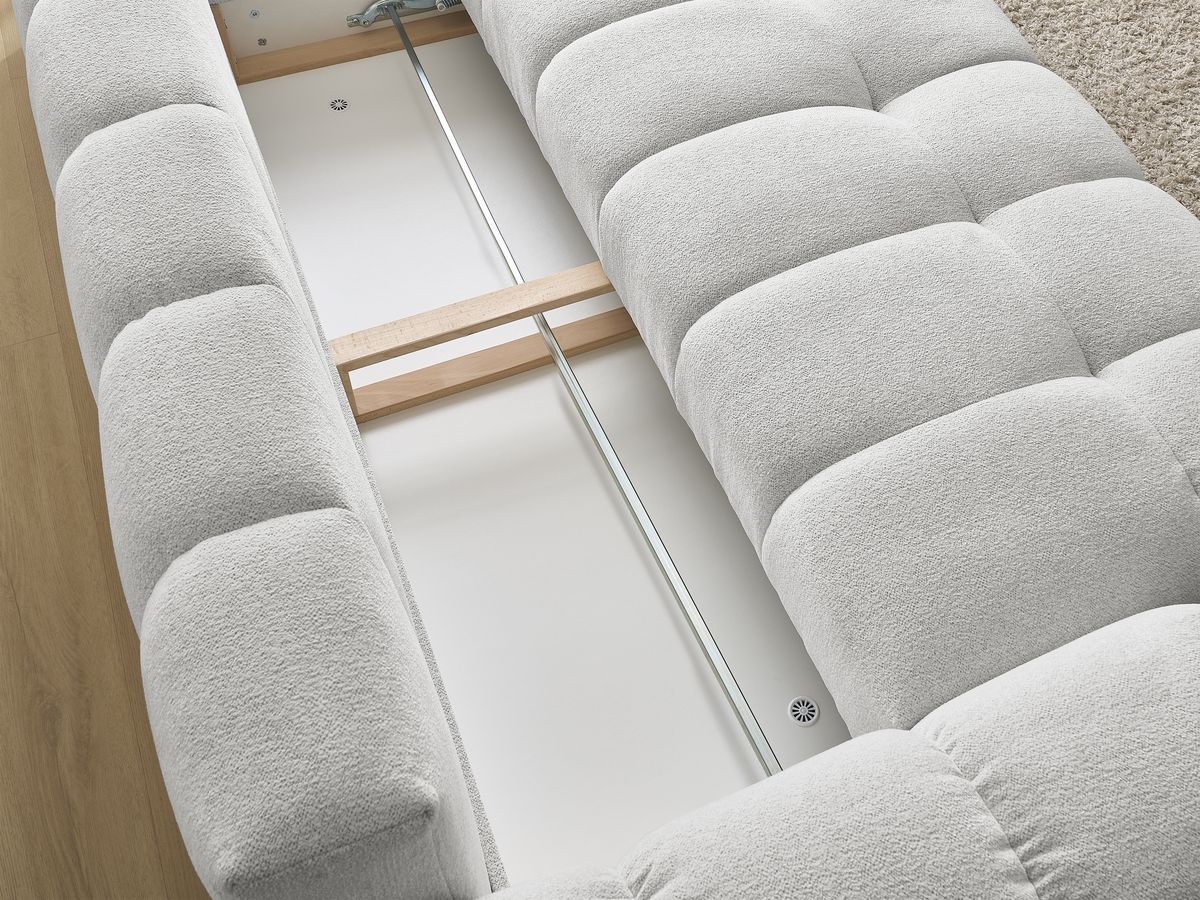 Bobochic Everest Schlafsofa 3-Sitzer mit Bettkasten, 5 Kissen Melange-Stoff Hellgrau