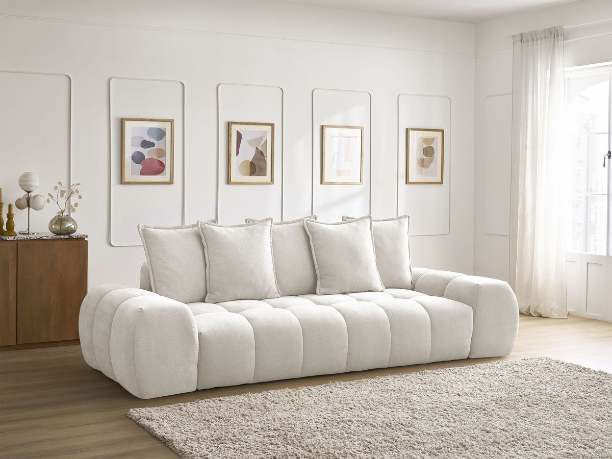 Bobochic Everest Schlafsofa 3-Sitzer mit Bettkasten, 5 Kissen Strukturstoff Weiß