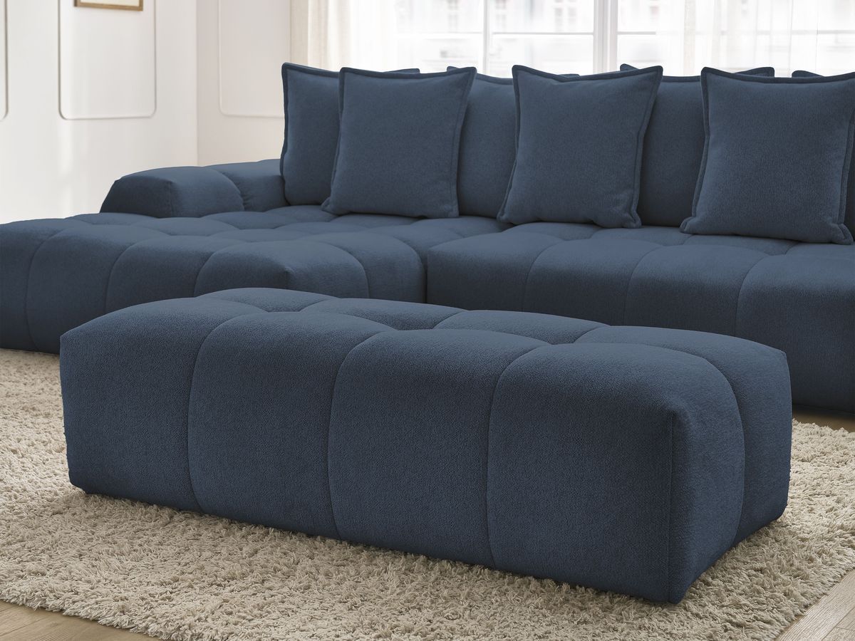 Bobochic Everest Ecksofa mit Schlaffunktion und Bettkasten und Pouf 318 × 180 cm, 7 Kissen Melange-Stoff Dunkelblau Ecke links