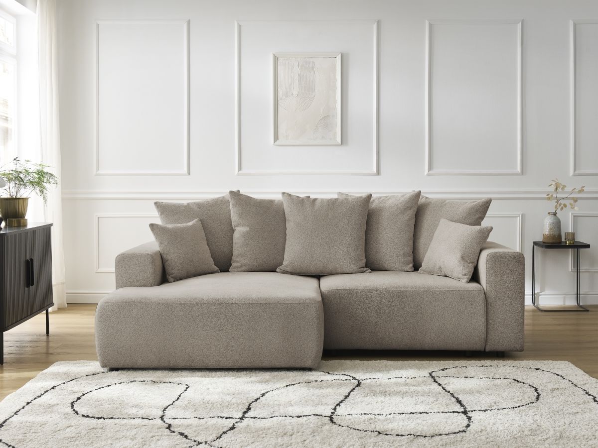 Bobochic Atilla Ecksofa mit Schlaffunktion und Bettkasten Melange-Stoff Taupe Ecke links