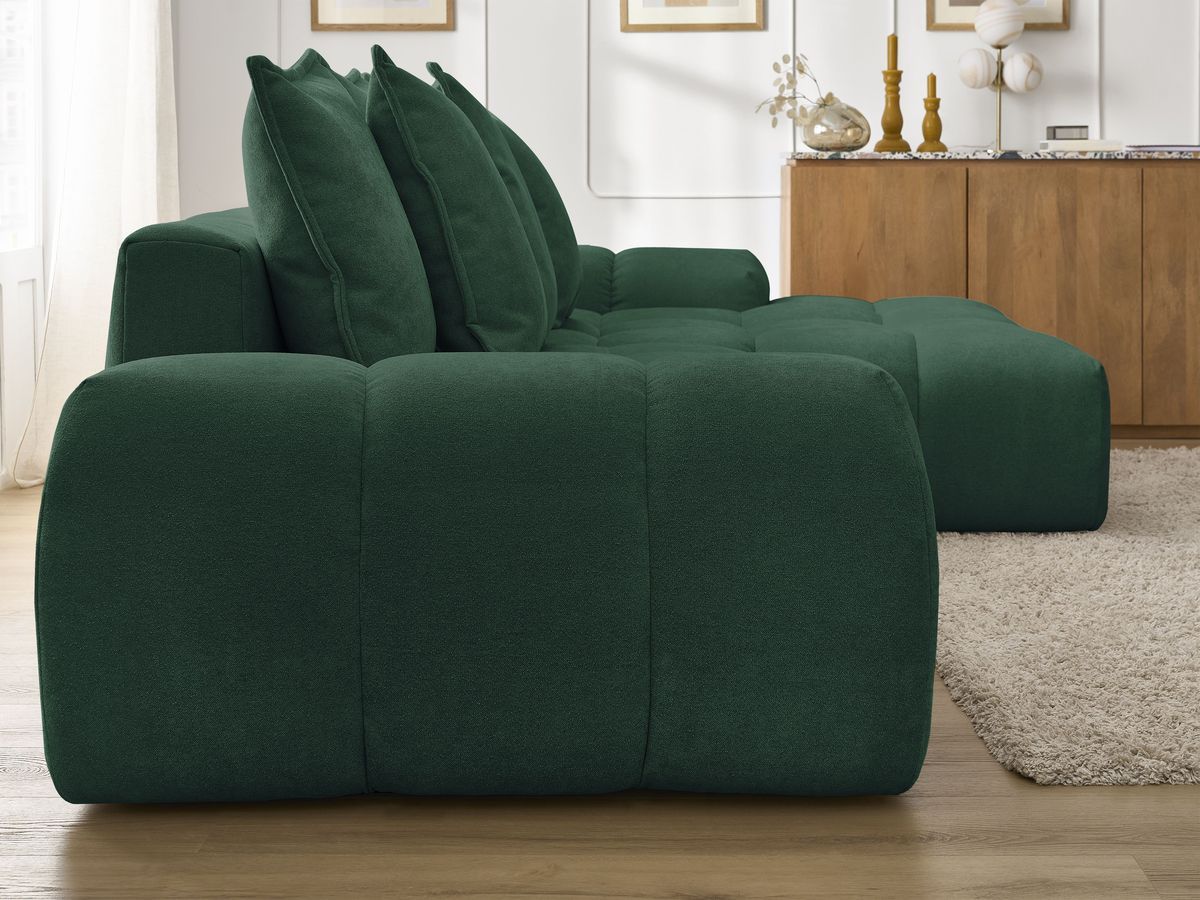 Bobochic Everest Ecksofa mit Schlaffunktion und Bettkasten 318 × 180 cm, 7 Kissen Strukturstoff Grün Ecke rechts