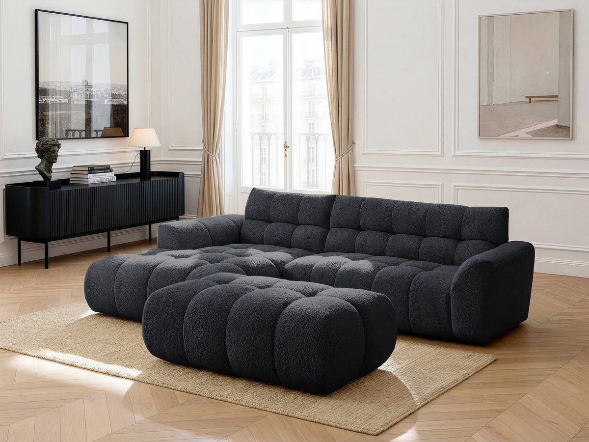 Bobochic Jaya Ecksofa mit Pouf Chenille Schwarz Ecke links