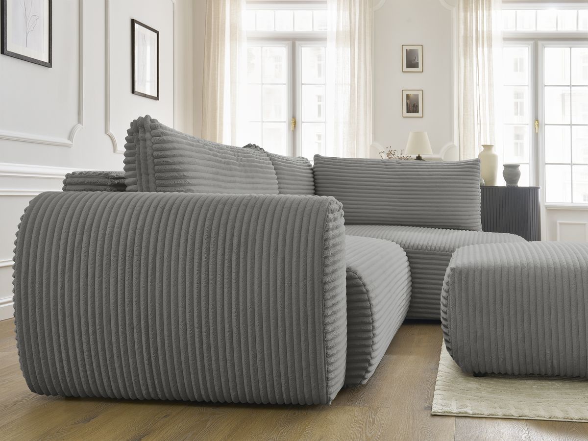 Bobochic Lucien Ecksofa mit Schlaffunktion und Bettkasten und Pouf 296 × 198 cm Breitcord weich Dunkelgrau Ecke rechts