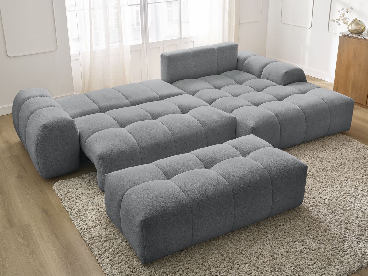 Bobochic Everest Ecksofa mit Schlaffunktion und Bettkasten und Pouf 318 × 180 cm, 3 Kissen Melange-Stoff Dunkelgrau Ecke rechts