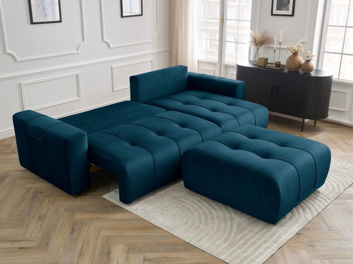 Bobochic Arsene Ecksofa mit Schlaffunktion und Bettkasten und Pouf 288 × 148 cm Samt Blau