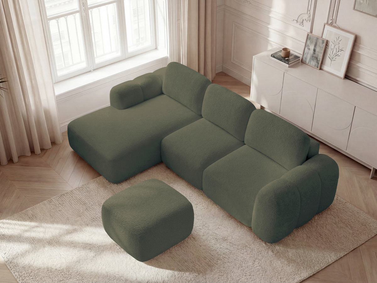 Bobochic Montaigne Ecksofa mit Schlaffunktion und Bettkasten und Pouf 276 × 164 cm Bouclé-Stoff Grün Ecke links