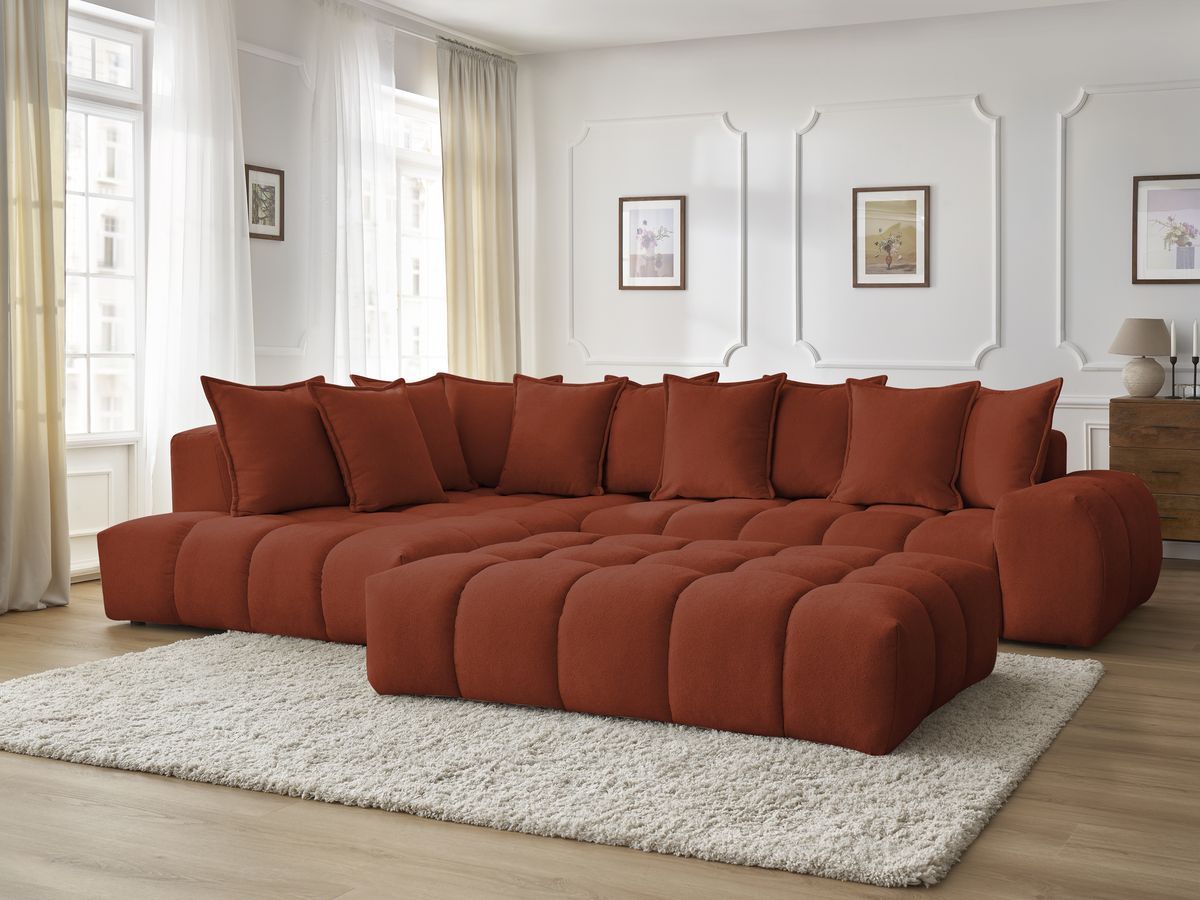 Bobochic Everest Ecksofa mit Schlaffunktion und Pouf, 10 Kissen Strukturstoff Orange Ecke links