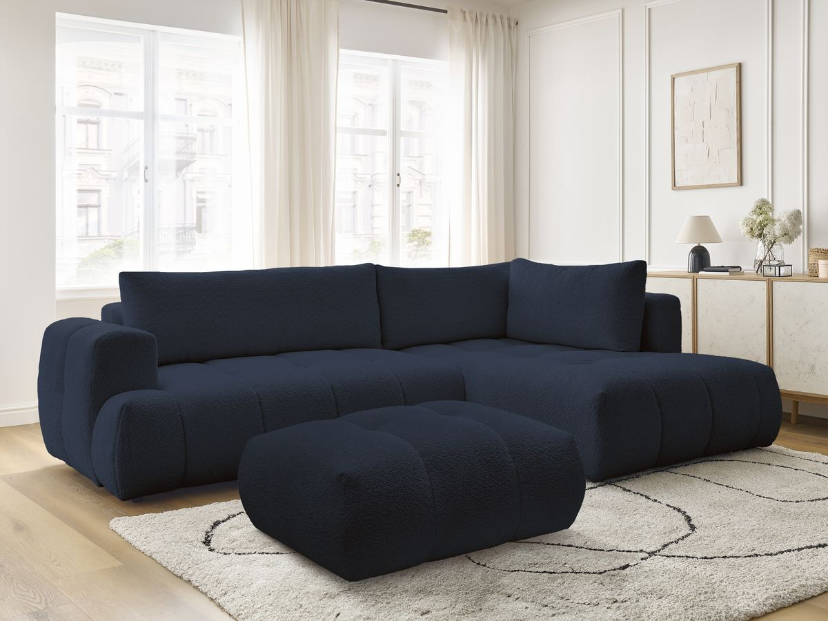Bobochic Fuji Ecksofa mit Schlaffunktion und Bettkasten und Pouf 282 × 204 cm Bouclé-Stoff Dunkelblau Ecke rechts