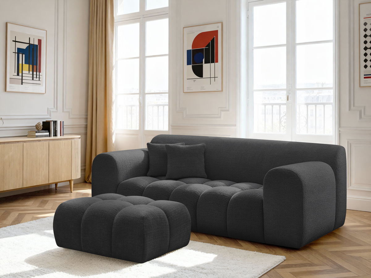 Bobochic Melisse Sofa 2-Sitzer mit Pouf Strukturstoff Schwarz