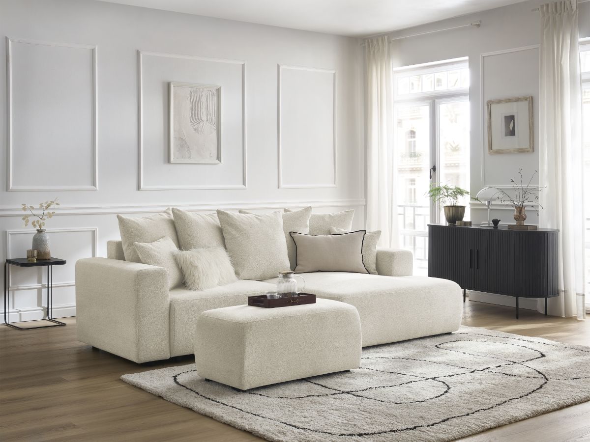 Bobochic Atilla Ecksofa mit Schlaffunktion und Bettkasten und Pouf Melange-Stoff Weiß Ecke rechts