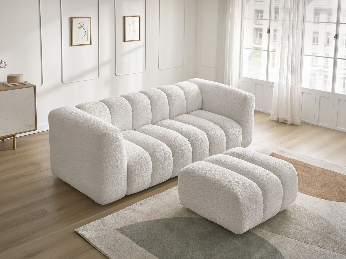 Bobochic Talia Sofa 3-Sitzer mit Pouf Bouclé-Stoff Weiß
